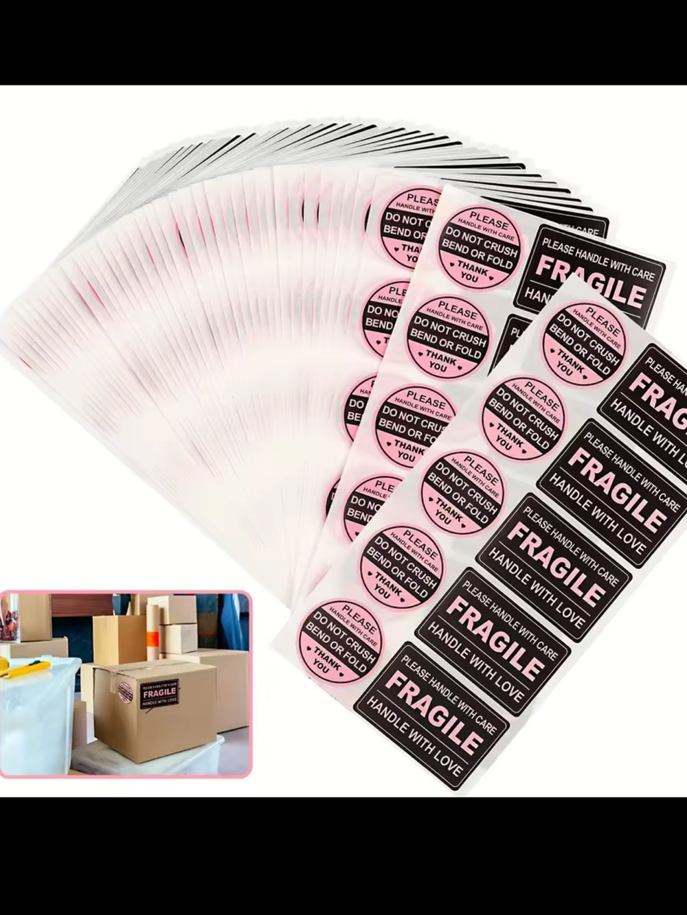 100 Fragile Handle With Love Pink & Black Shipping Stickers